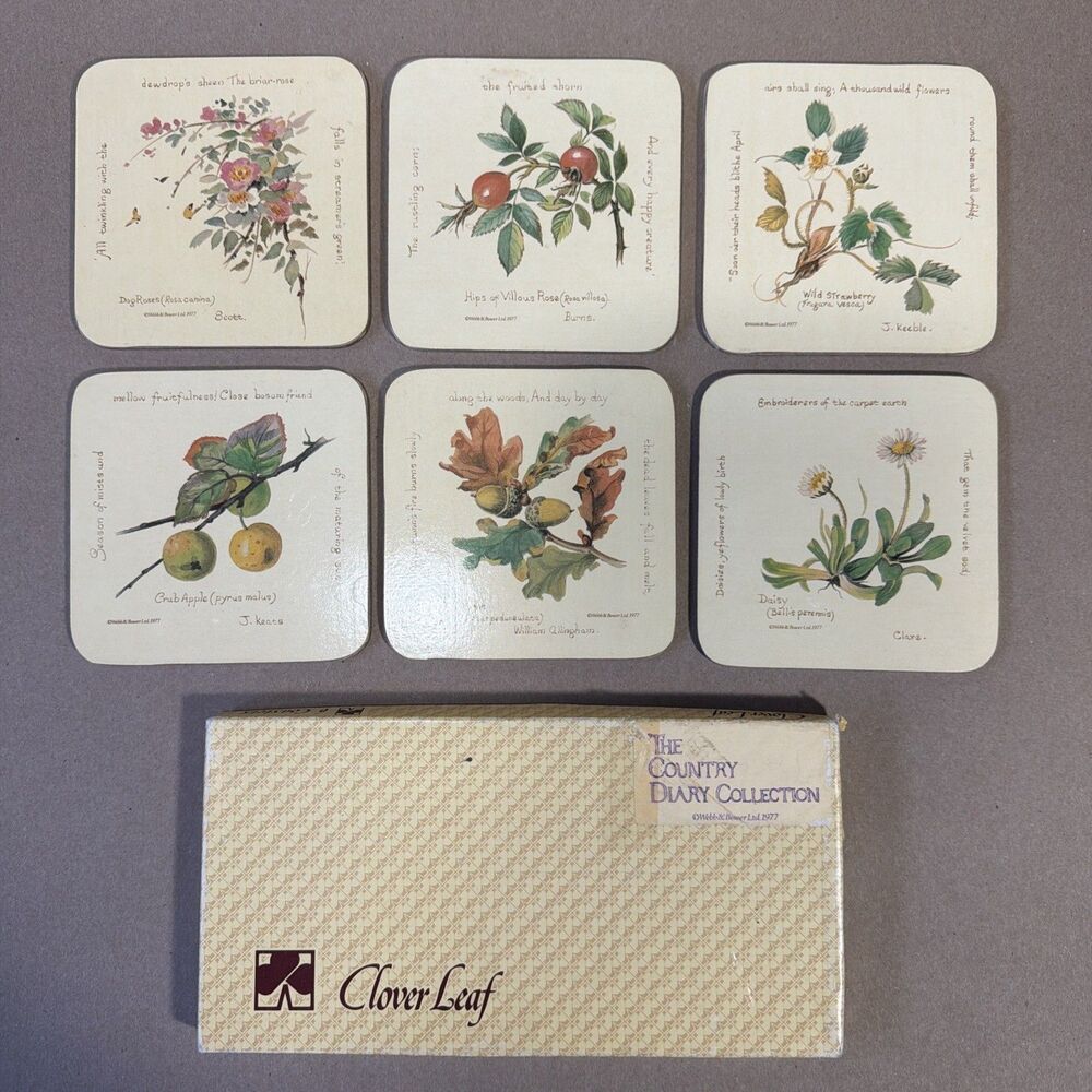 Vintage Clover Leaf Coasters Cork Backed Cream with Flowers and Poems